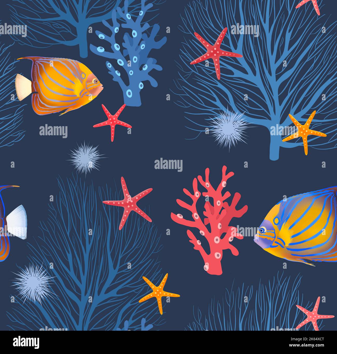 Magnifique motif sans couture sous l'eau de la mer couleur vie coraux et poissons colorés. Illustration de stock sur fond bleu Banque D'Images