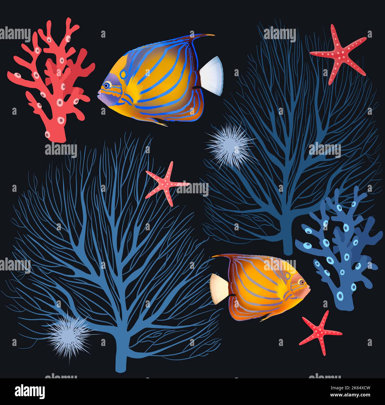 Magnifique motif sans couture sous l'eau de la mer couleur vie coraux et poissons colorés. Illustration de stock sur fond bleu Banque D'Images