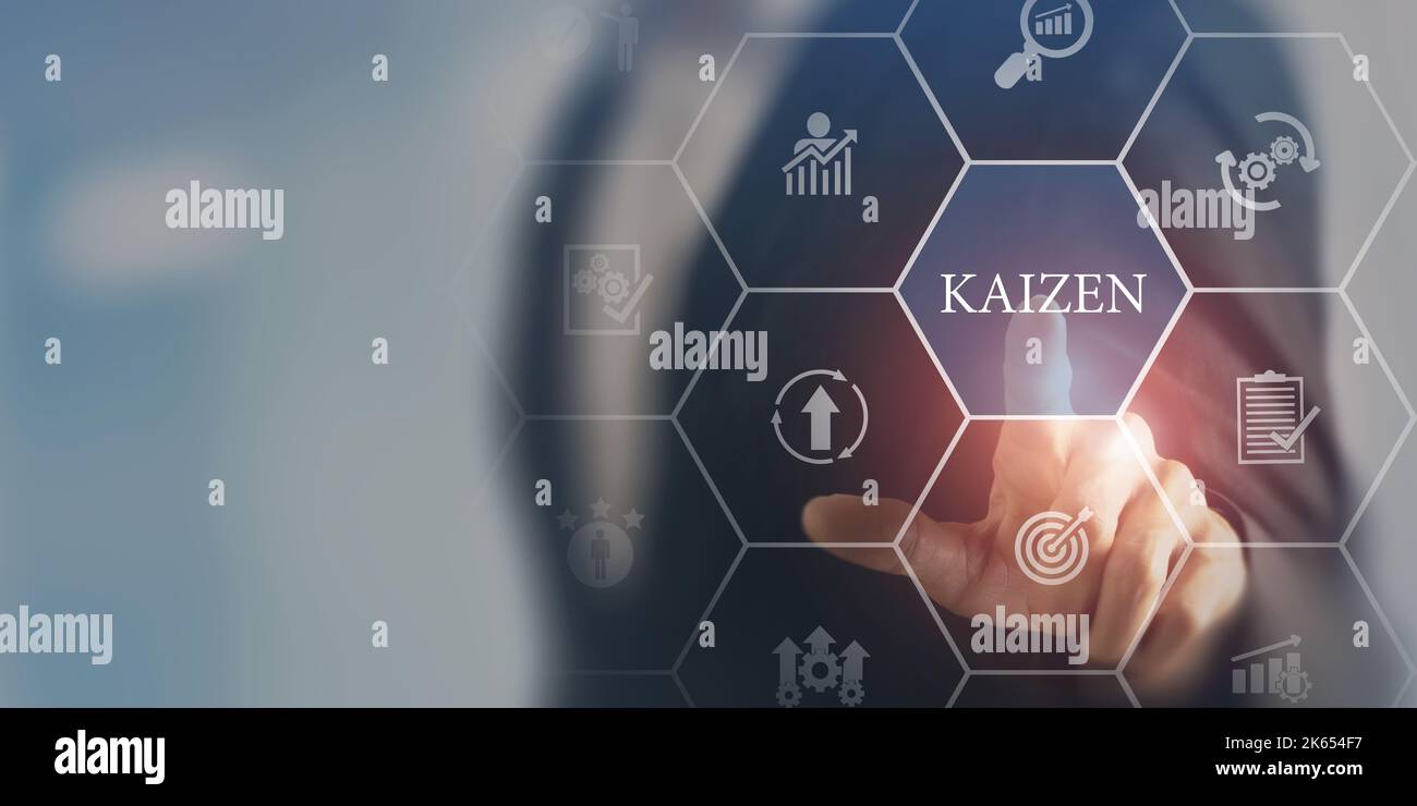 Concept Kaizen : amélioration continue de l'efficacité et de l'efficience des activités. Cycle Kaizen ; amélioration, continu, processus, résultat, standard Banque D'Images