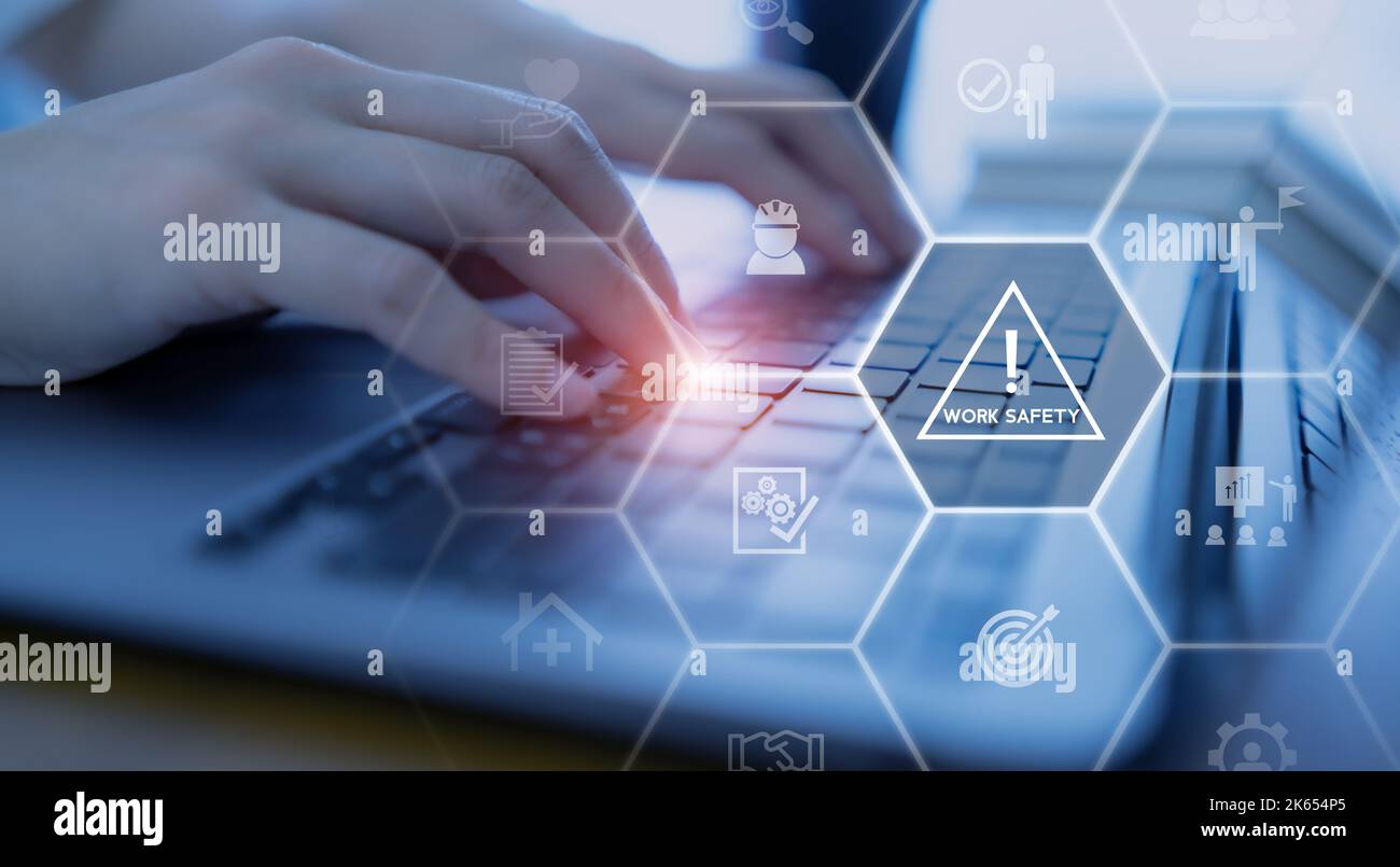 Concept de sécurité au travail. La sécurité sur le lieu de travail, la sécurité d'abord, les dangers, les protections, la santé, réglementation et assurance collective. Processus standard de travail. Zer Banque D'Images