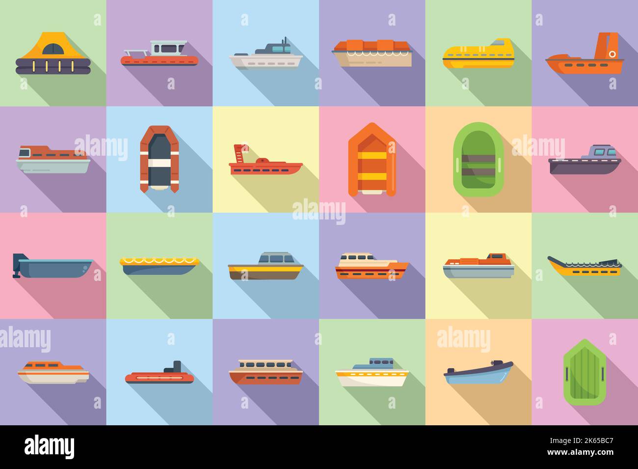 Les icônes du bateau de secours définissent un vecteur plat. Aide maritime. Sauvetage en cas d'accident Illustration de Vecteur