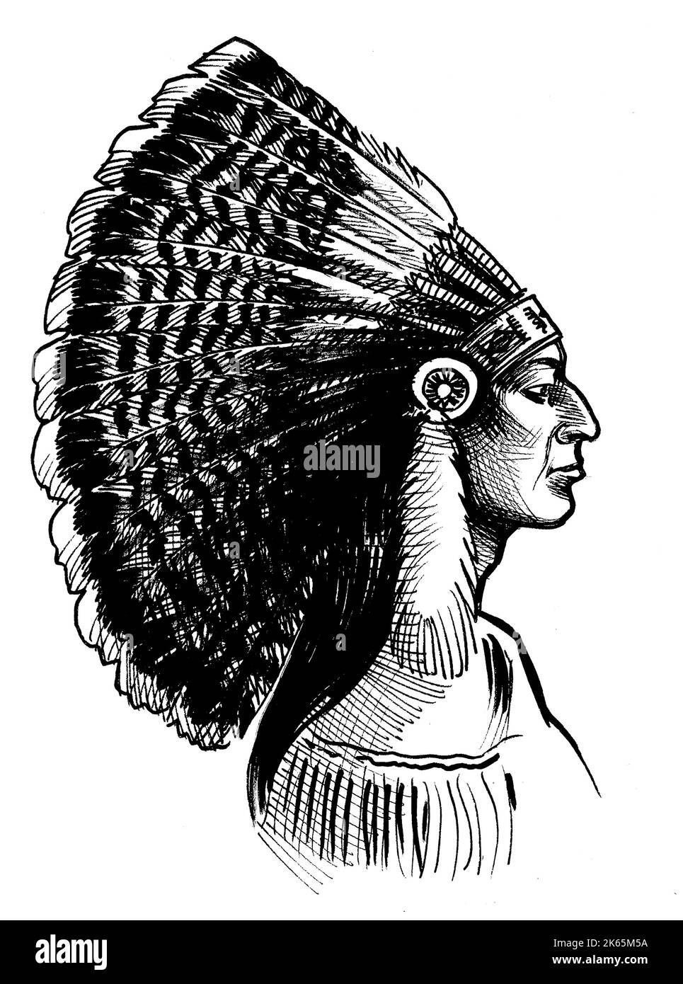 Chef américain natif en coiffures traditionnelles. Dessin noir et blanc Banque D'Images