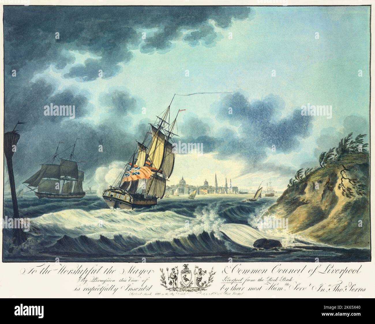 Une vue de Liverpool en 1797 depuis le Rock Perch à côté de l'endroit où New Brighton sera finalement construit en 1830 comme station balnéaire. Par coïncidence, un fort a été construit sur les rochers de New Brighton. Le nom a été pris d'une perchaude en bois qui a été construite à l'endroit dans le 1690s pour avertir les navires de passage des dangers des roches de grès à proximité. Fort Perch Rock, a été construit plus tard pour défendre le fort contre l'attaque de la terre. Peinture de John Thomas Serres (1759-1825), peintre maritime anglais. Banque D'Images