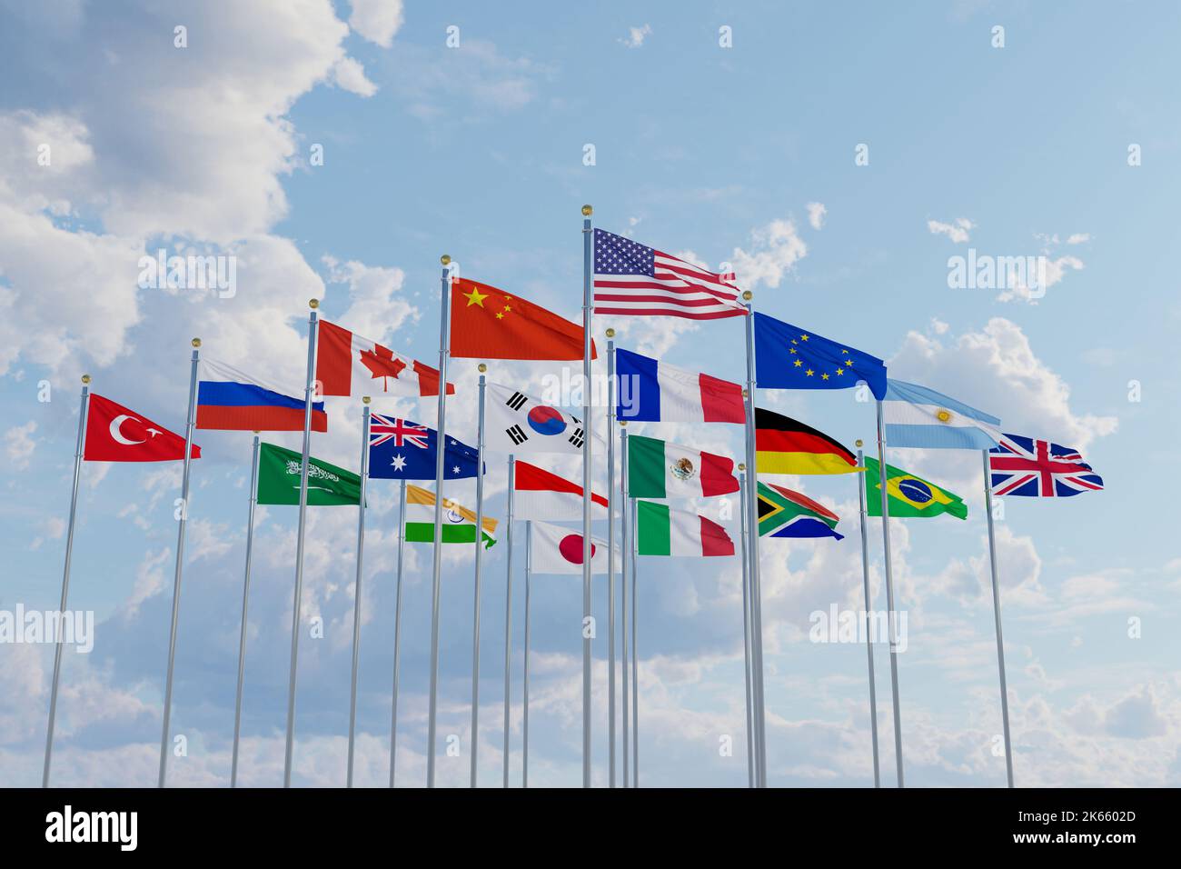 Sommet du drapeau G20 drapeaux de la soie pays des membres Groupe des vingt politiques 2022 rencontres d'unité des dirigeants mondiaux G 20 organisation avec mât sur b Banque D'Images