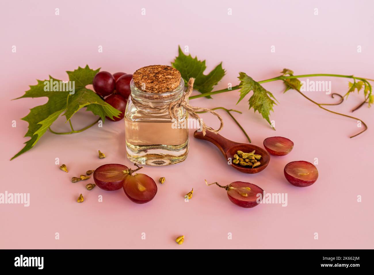 bouteille en verre avec liège et huile organique de pépins de raisin sur fond rose et vigne. teneur élevée en vitamines, minéraux, protéines Banque D'Images