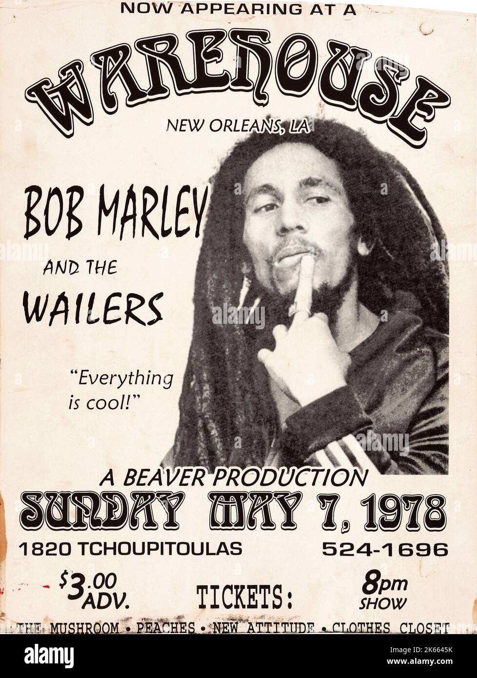 Bob Marley et The Wailers at Warehouse concert Poster (1978) Banque D'Images
