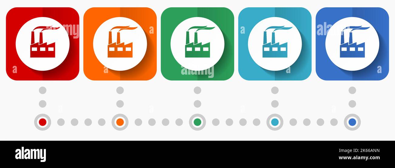 Usine, bâtiment industriel, usine, icônes de vecteur de pollution, modèle d'infographie, ensemble de symboles de conception plate dans 5 options de couleur Illustration de Vecteur