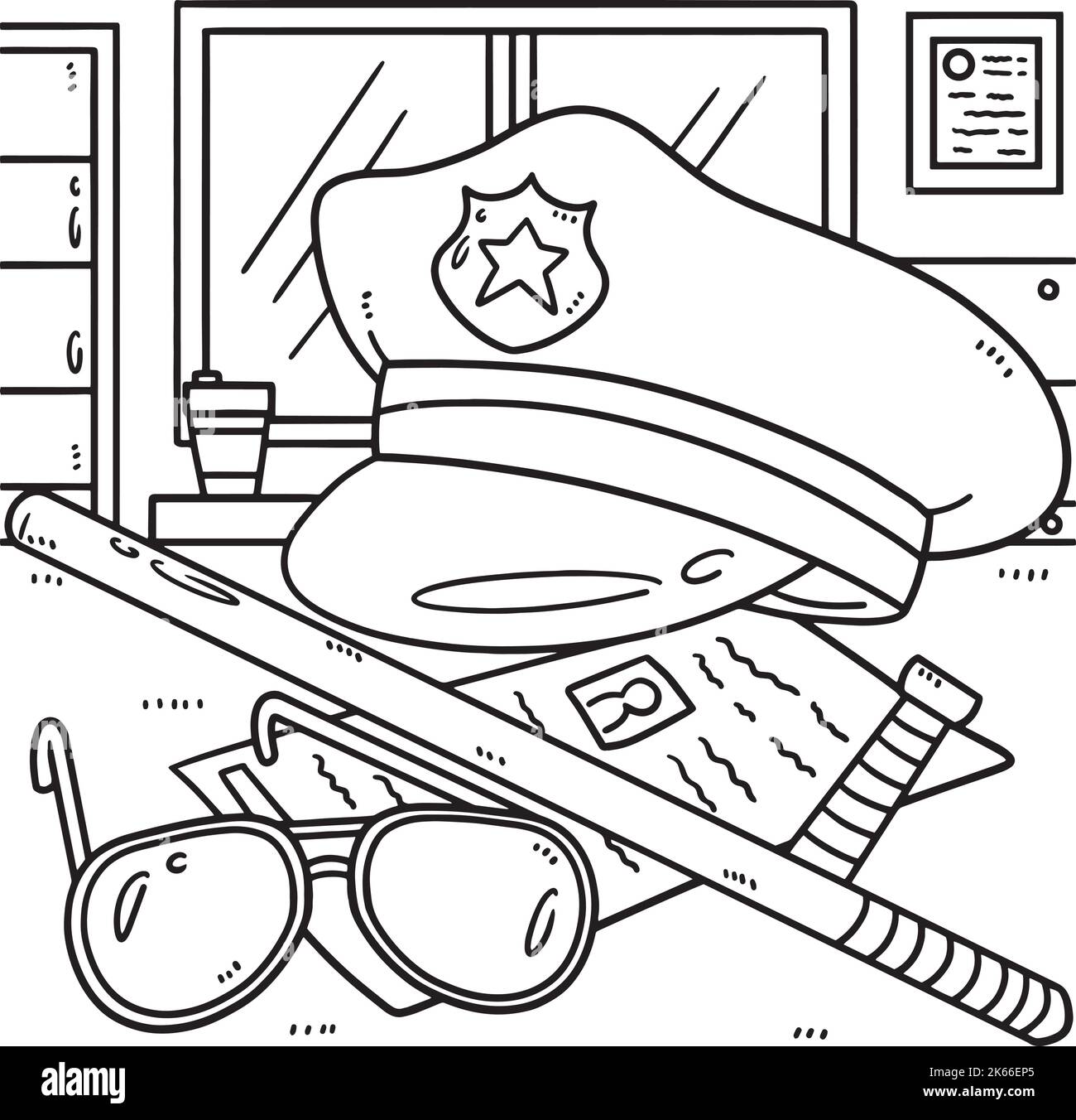 Page de coloriage pour enfants – chapeau de police et bâton Illustration de Vecteur