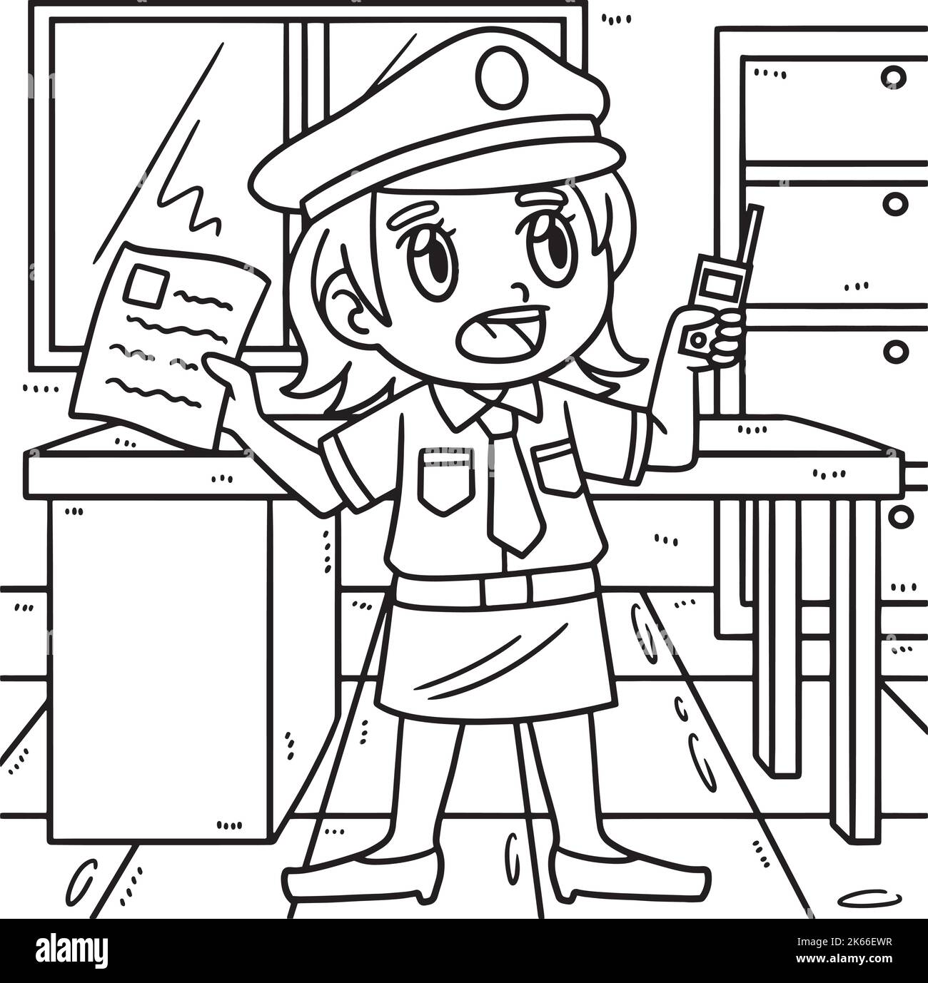 Page de coloriage de rapport de policewoman pour les enfants Illustration de Vecteur