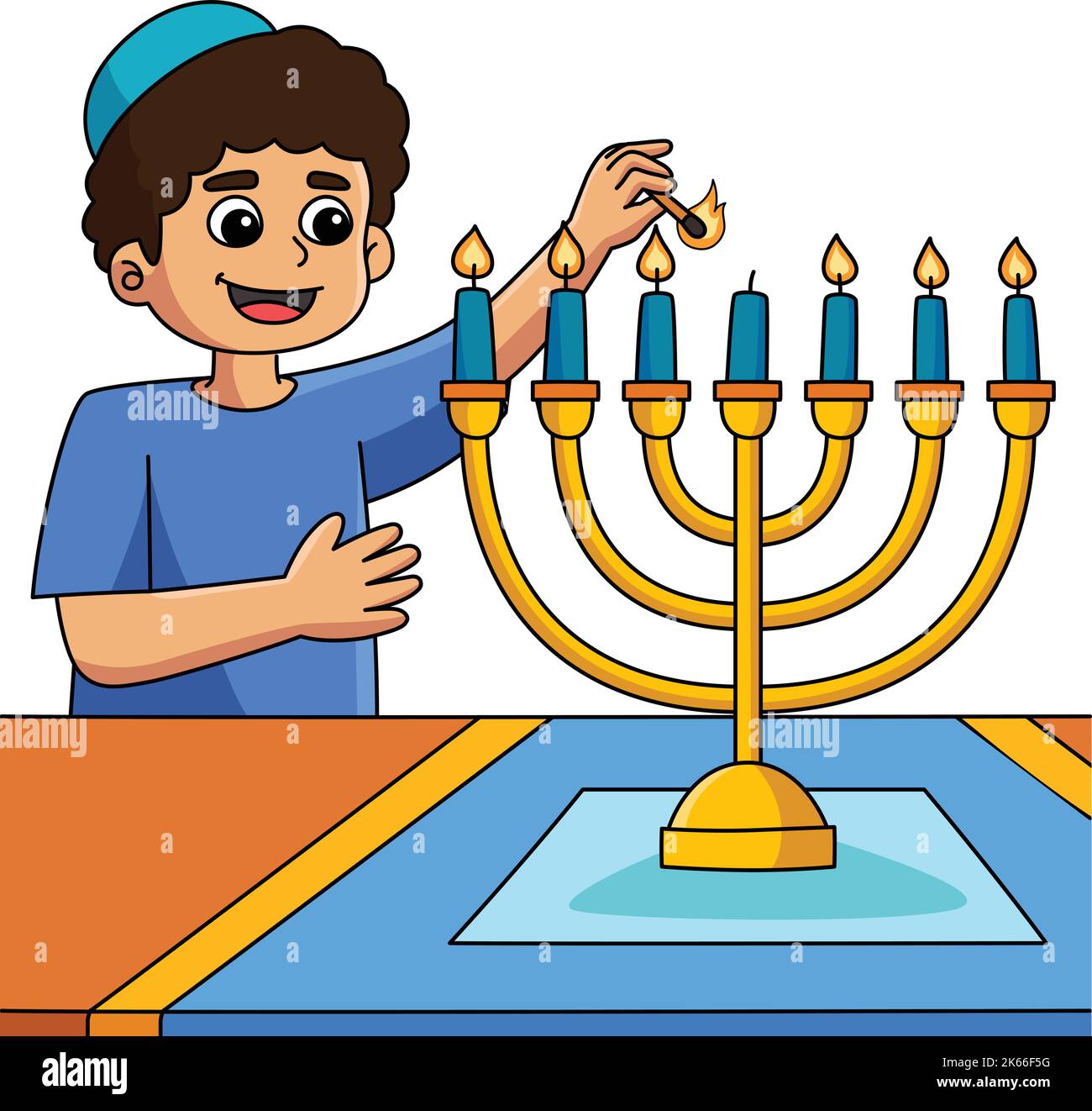 Hanukkah Boy Lighting Menorah Cartoon Clipart Illustration de Vecteur