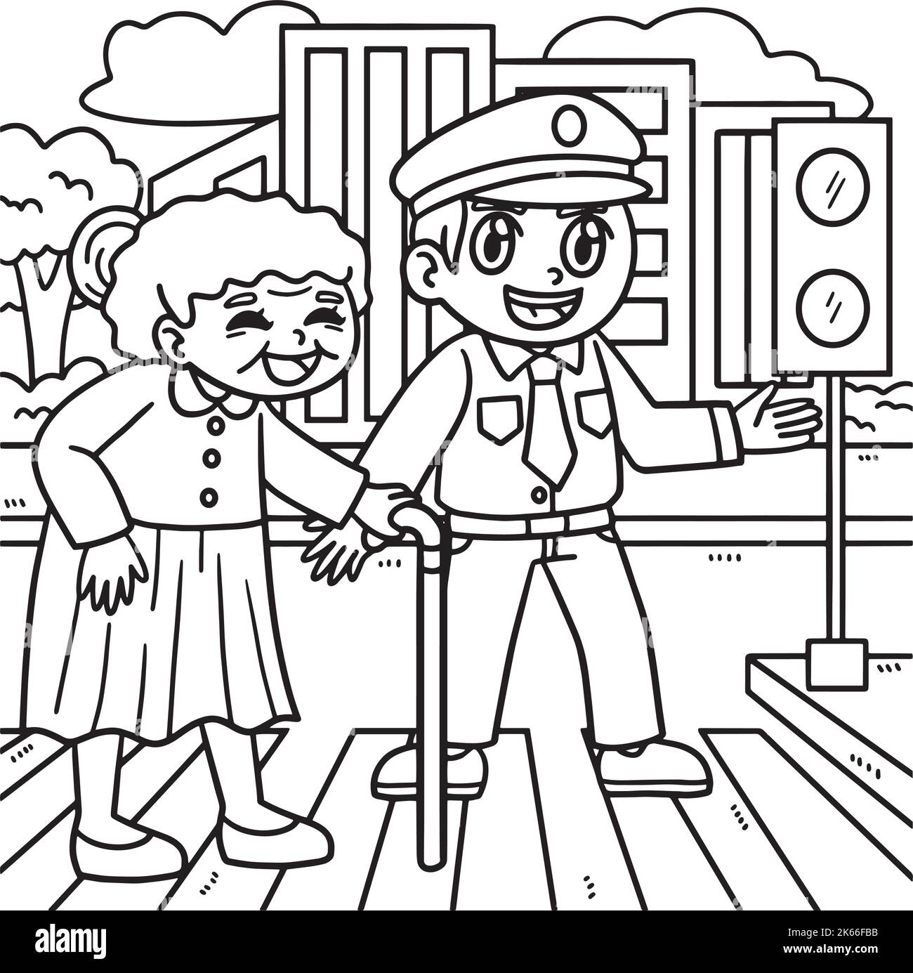 Police aider la vieille femme coloriage page pour les enfants Illustration de Vecteur