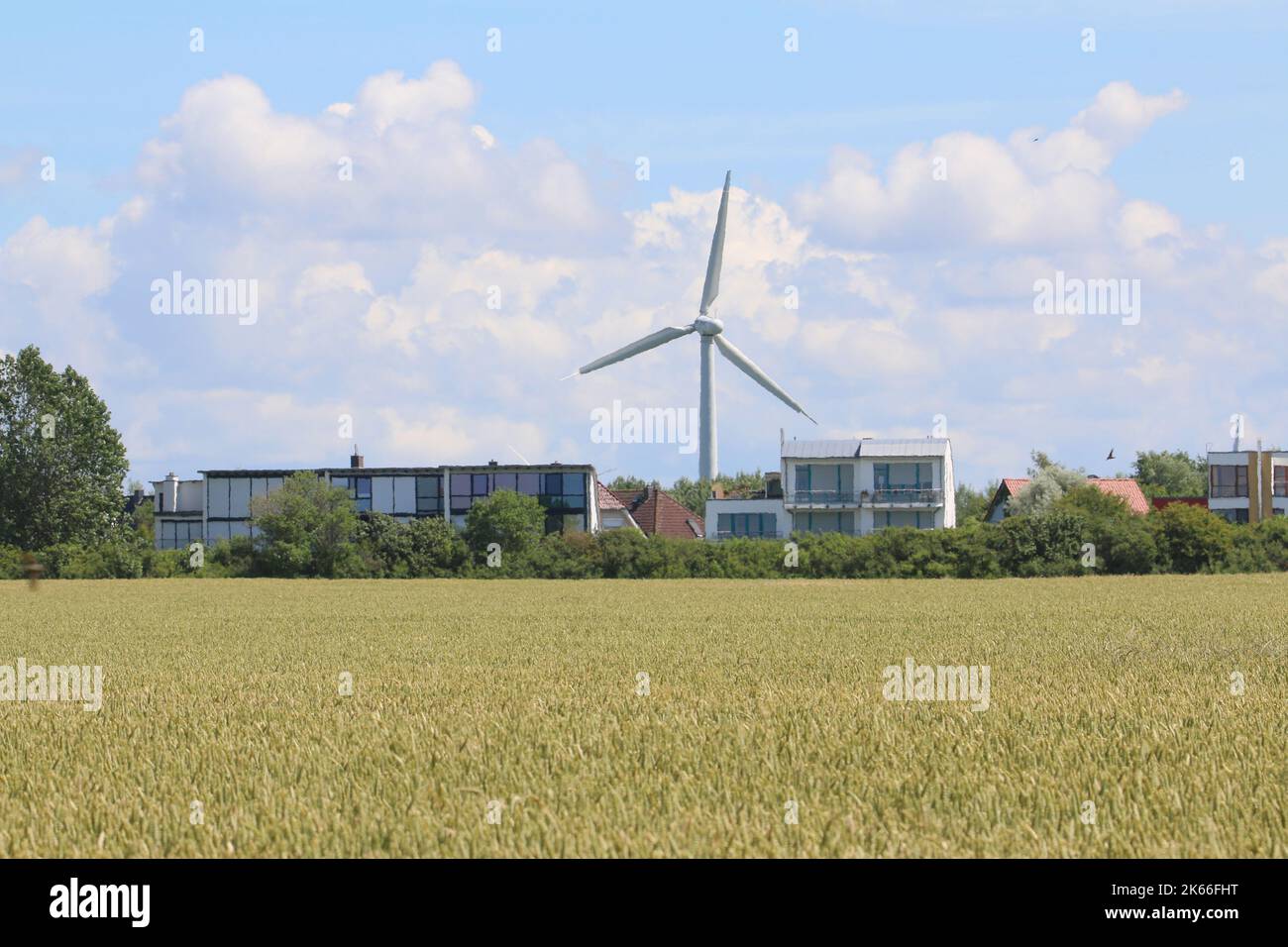 Éolienne dans le voisinage immédiat d'une zone résidentielle, problèmes de distance avec les éoliennes, Allemagne Banque D'Images