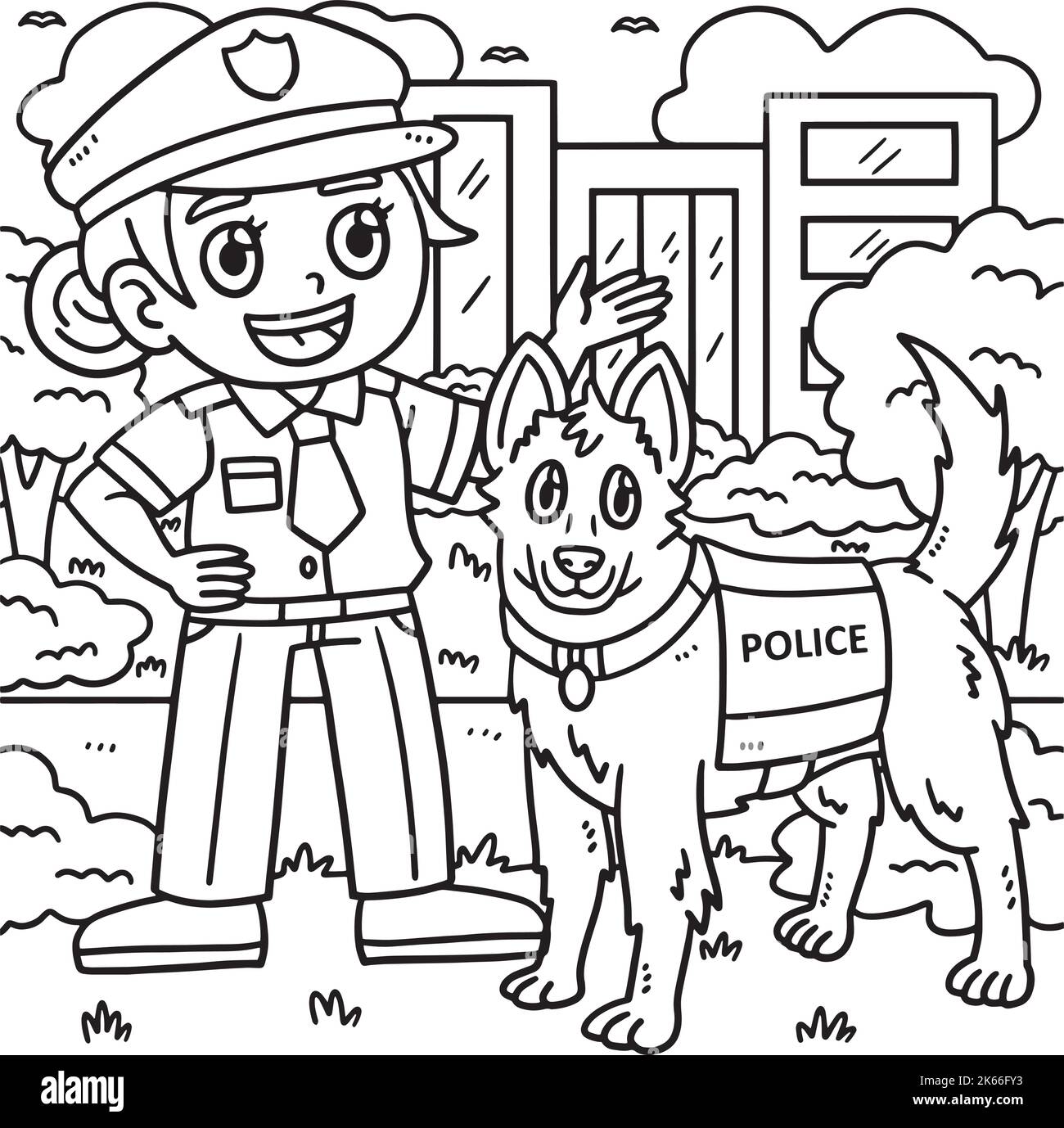 Page de coloriage des policiers et des chiens de police Illustration de Vecteur