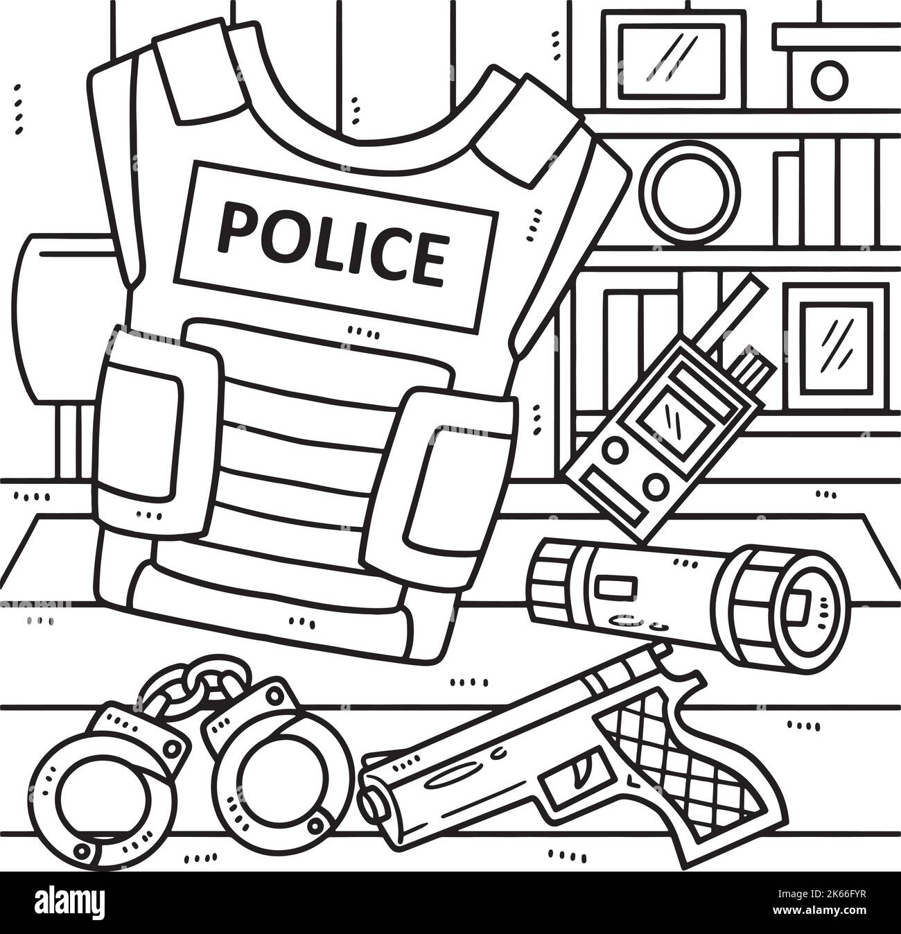 Page de coloriage de l'équipement des policiers pour les enfants Illustration de Vecteur