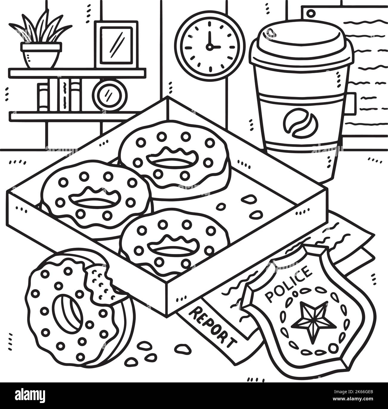 Badge de police, Donuts, page de coloriage du café Illustration de Vecteur