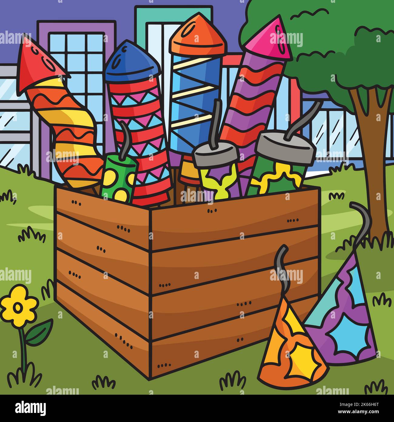 Feux d'artifice de la nouvelle année en dessin animé couleur Crate Illustration de Vecteur