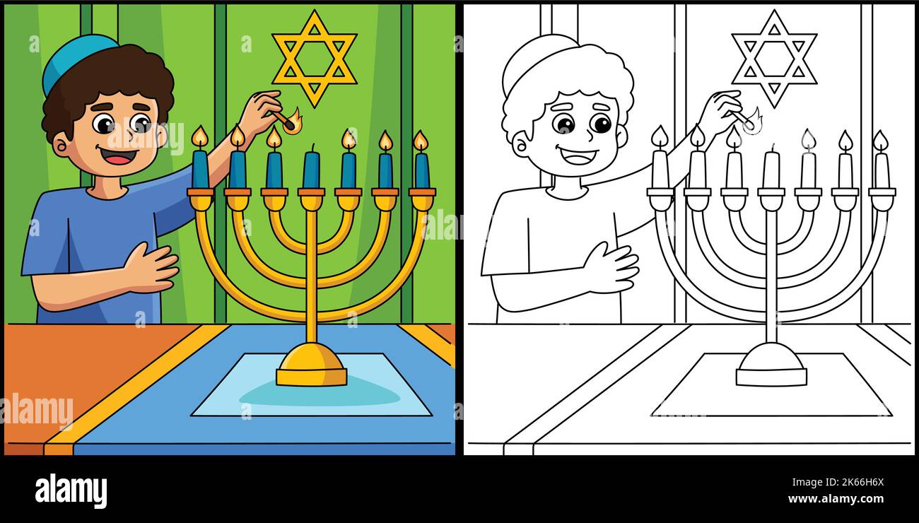 Hanukkah Boy Lighting Menorah Illustration Illustration de Vecteur