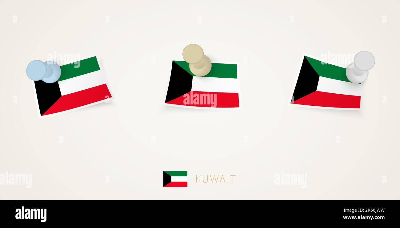 Drapeau du Koweït épinglé de différentes formes avec coins torsadés. Vue de dessus des punaises vectorielles. Drapeau défini. Illustration de Vecteur