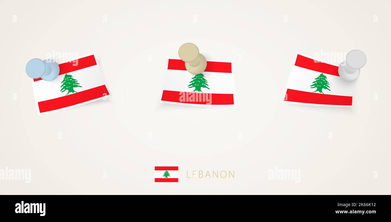 Drapeau du Liban épinglé de différentes formes avec des coins torsadés. Vue de dessus des punaises vectorielles. Drapeau défini. Illustration de Vecteur