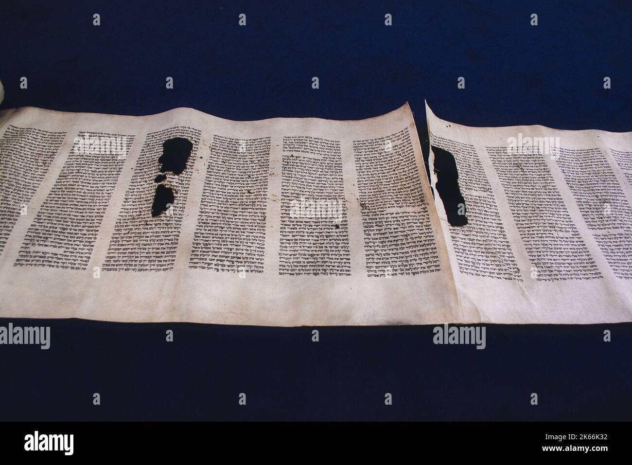 Texte hébreu antique du Livre de la Genèse dans le défilement de la Torah. Le chapitre de la Torah a lu chaque Sabbat dans une synagogue. Conversion Judaïsme Banque D'Images