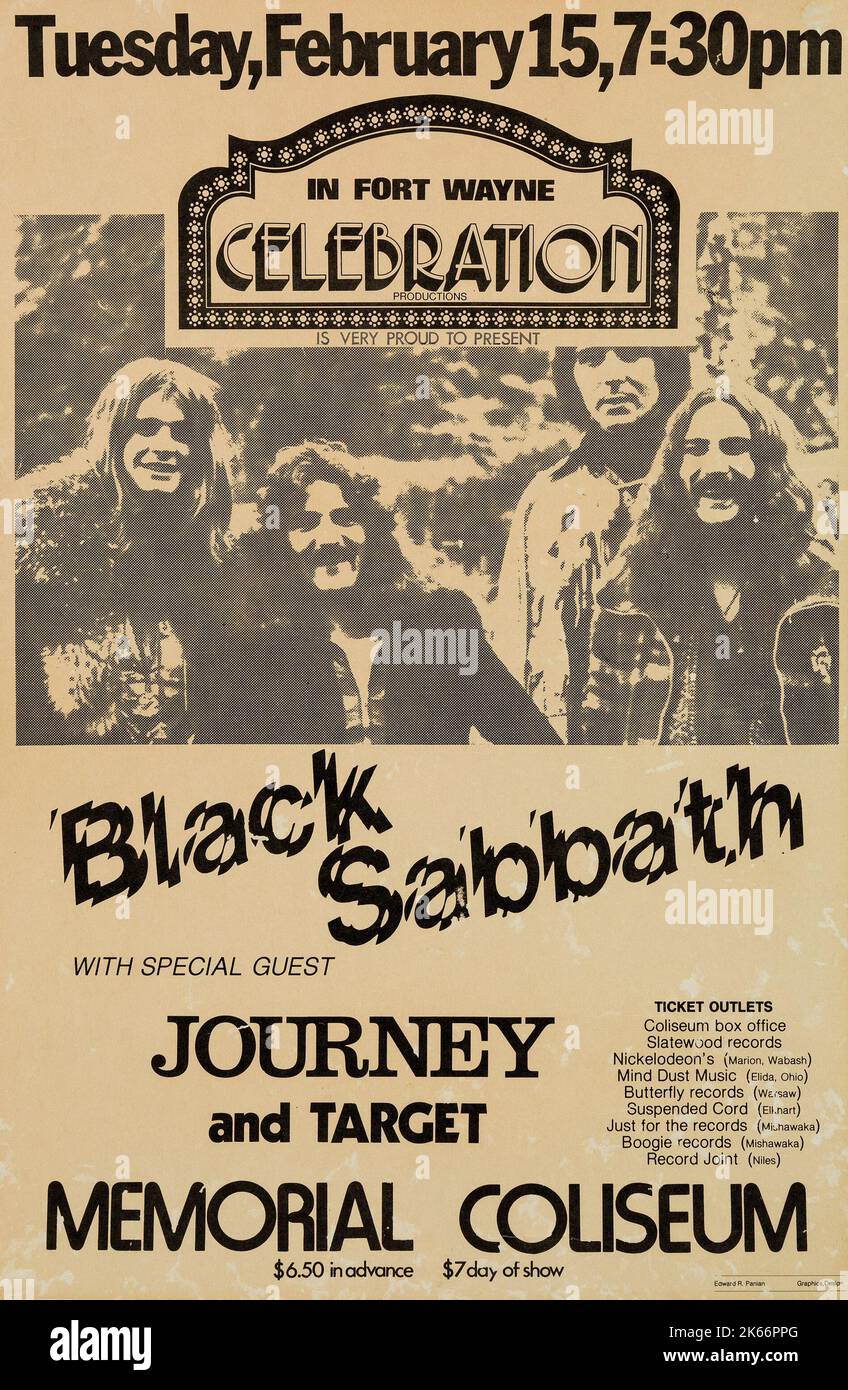 Black Sabbath and Journey 1977 - fort Wayne, affiche de concert du Memorial Coliseum Banque D'Images