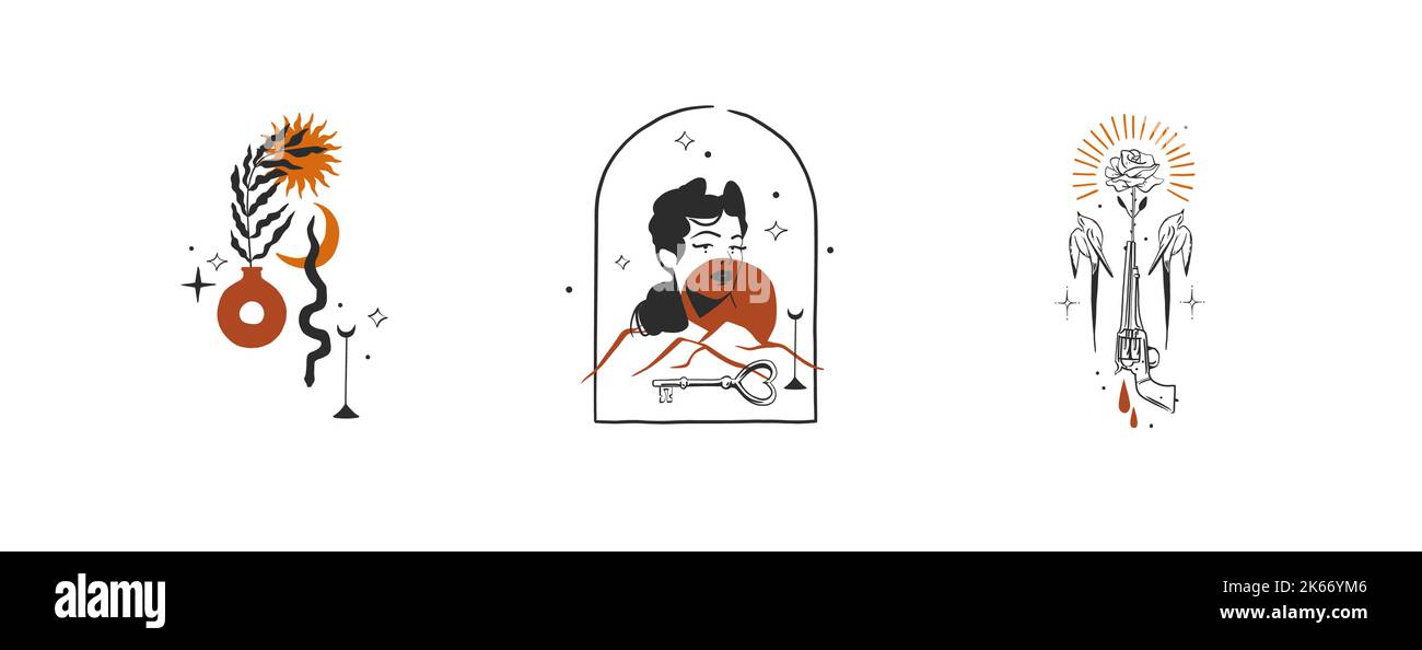 Dessin à la main vecteur graphique clipart illustrations logo ensemble compositions.Wild Western design concept.Bohemian Wild West art contemporain.Cowboy Illustration de Vecteur