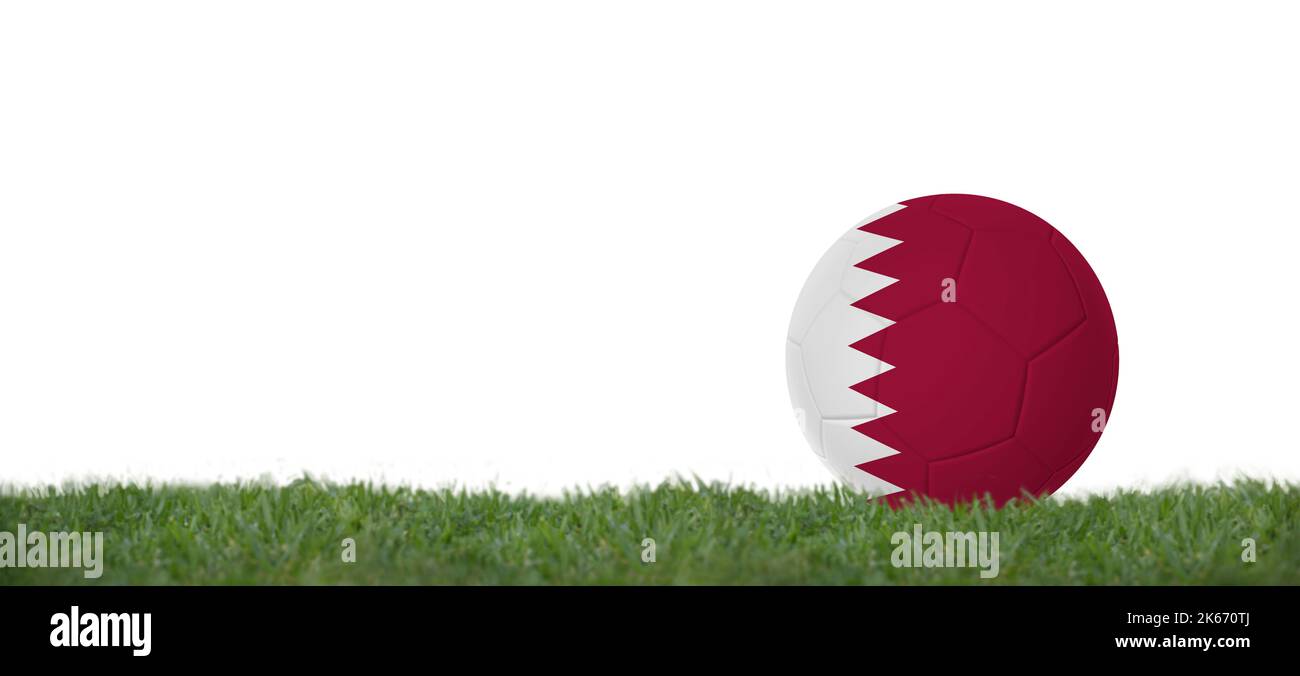 3D illustration ballon de football avec drapeau du qatar sur l'herbe, espace de copie avec fond blanc. Banque D'Images