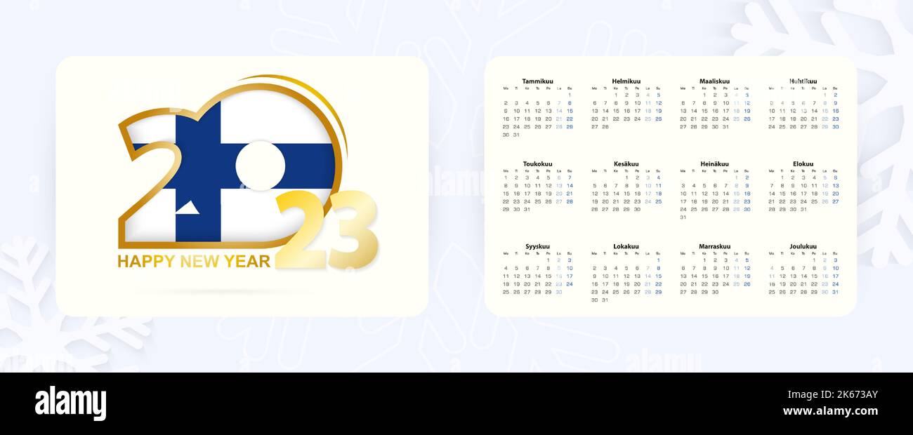 Calendrier horizontal de poche 2023 en finnois. Icône nouvel an 2023 avec drapeau de la Finlande