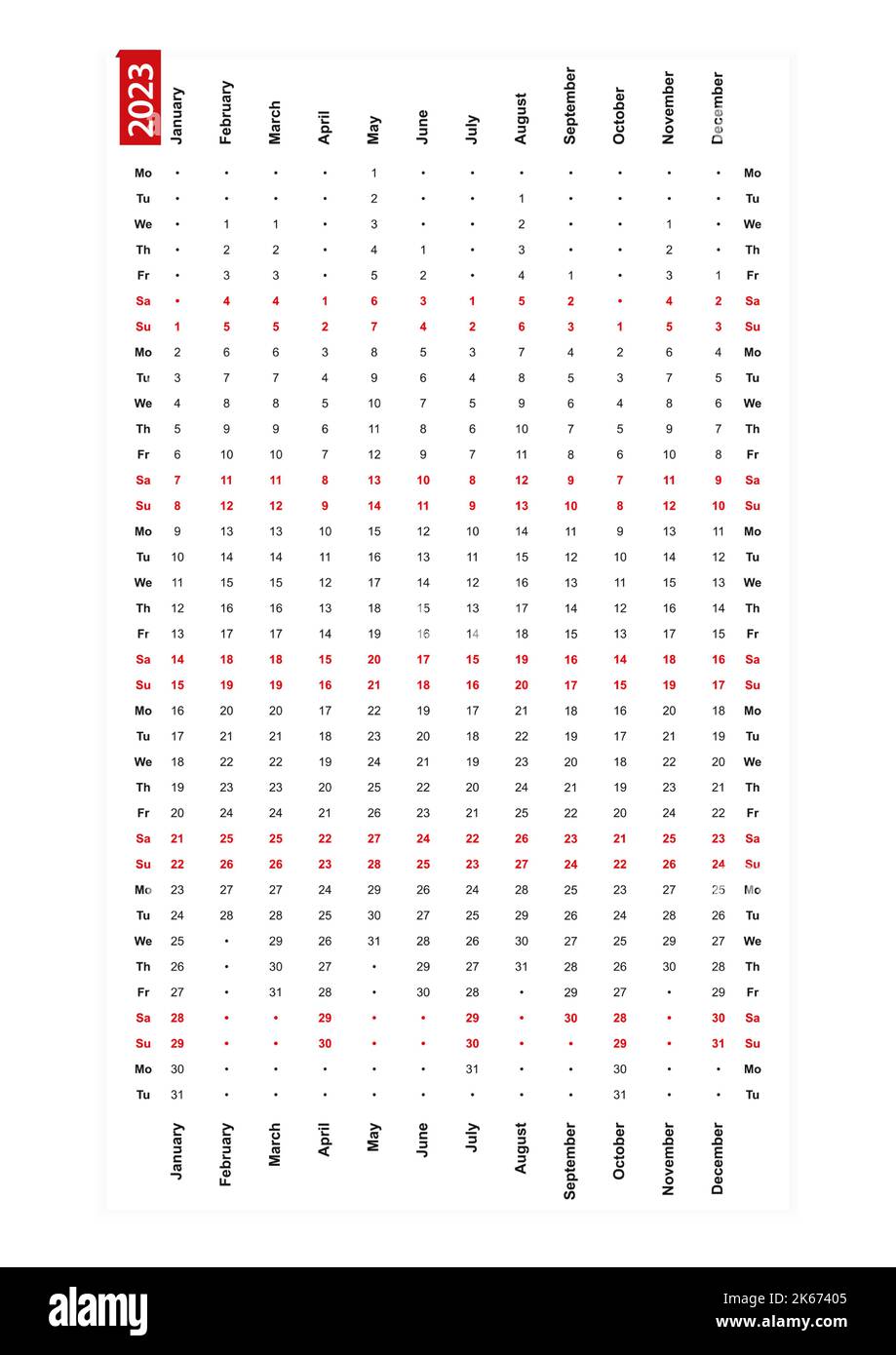 Une ligne calendrier vertical 2023, lundi premier jour de la semaine. Illustration vectorielle. Illustration de Vecteur