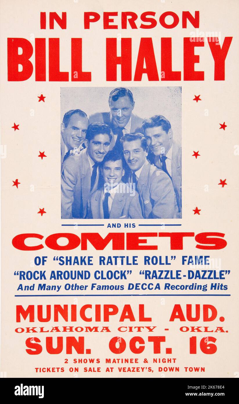Bill Haley et ses comètes 1955 affiche de concert avec Elvis Presley comme acte d'ouverture non inscrit. Carte fenêtre. Oklahoma City. Banque D'Images Bill Haley et ses comètes 1955 affiche de concert avec Elvis Presley comme acte d'ouverture non inscrit. Carte fenêtre. Oklahoma City. Banque D'Images
