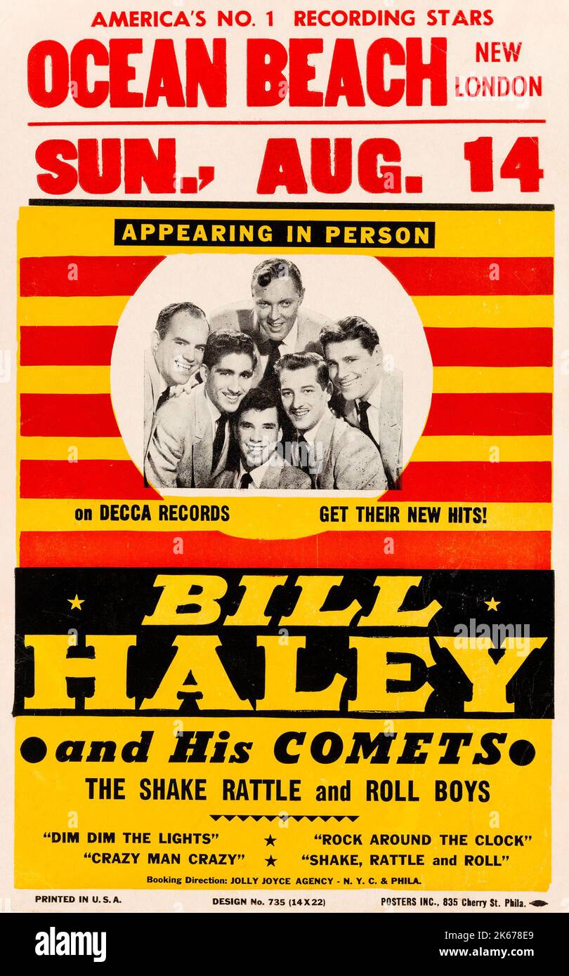 Bill Haley et ses comètes affiche de concert de l'été 1955 avec « Rock Around the Clock » - Ocean Beach, New London Banque D'Images Bill Haley et ses comètes affiche de concert de l'été 1955 avec « Rock Around the Clock » - Ocean Beach, New London Banque D'Images