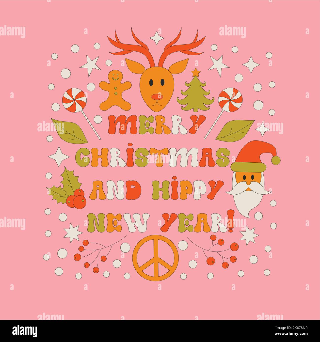 Texte de Noël style rétro 70s avec éléments de Noël. Illustration de Vecteur
