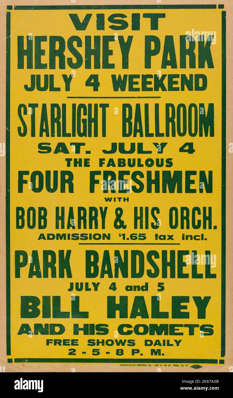Bill Haley et ses comètes, quatre jeunes gens de 1959 Hershey, PA affiche de concert pour Hershey Park. Banque D'Images Bill Haley et ses comètes, quatre jeunes gens de 1959 Hershey, PA affiche de concert pour Hershey Park. Banque D'Images