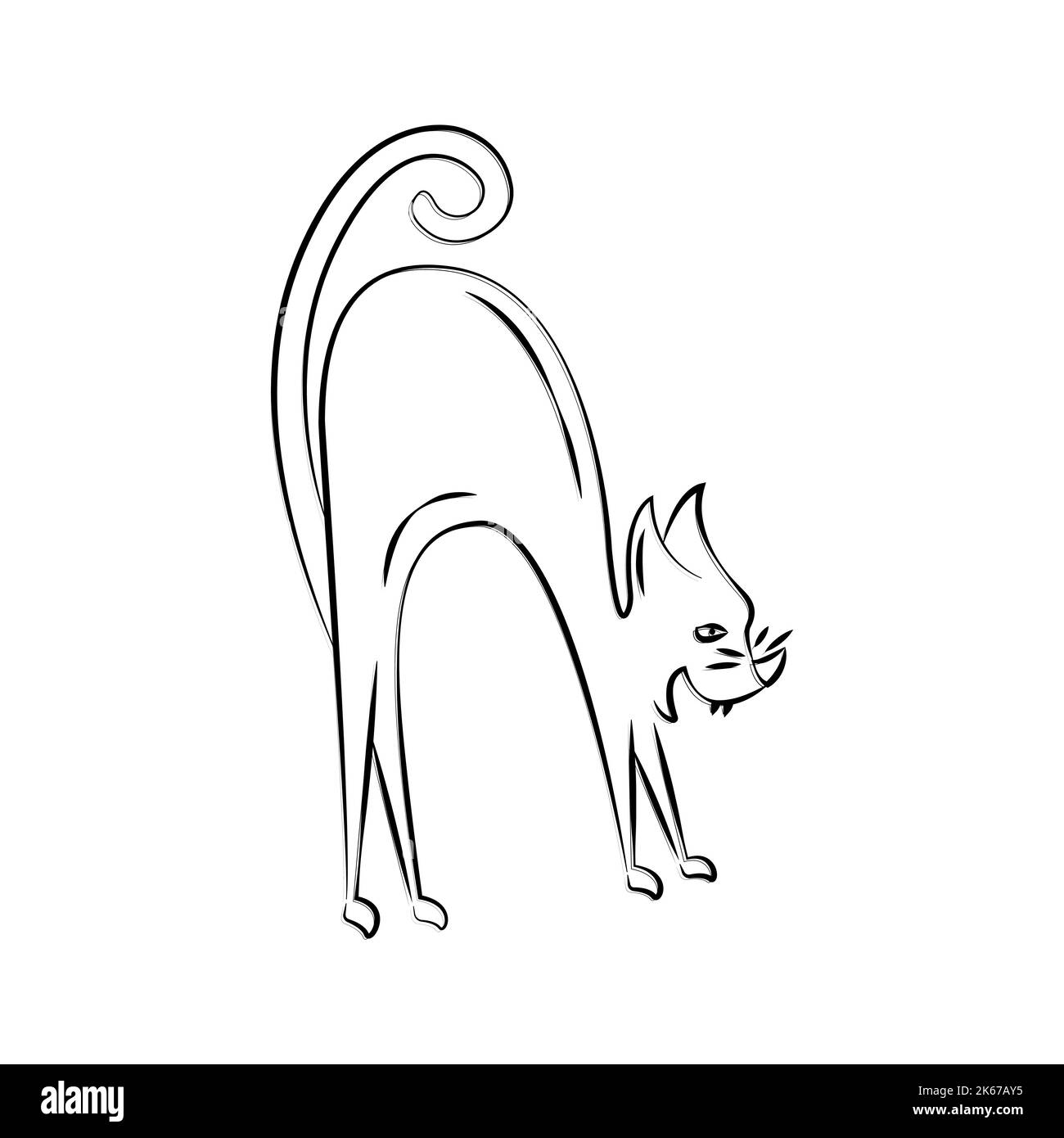 Le chat en colère siffle. Illustration linéaire simple en forme de doodle. Esquisse d'un animal. Clipart pour la conception de cartes, autocollants, décoration d'Halloween. Illustration de Vecteur