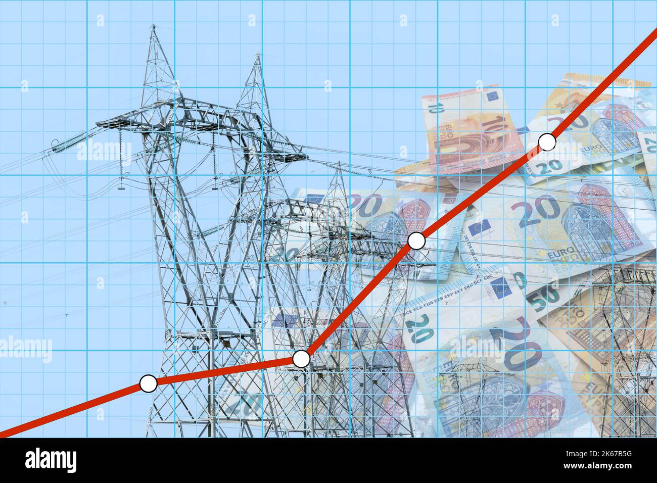 Résumé graphique financier avec prix de l'électricité de ligne en hausse sur les billets en euros et les pylônes d'électricité. Concept augmentation exponentielle des coûts énergétiques Banque D'Images