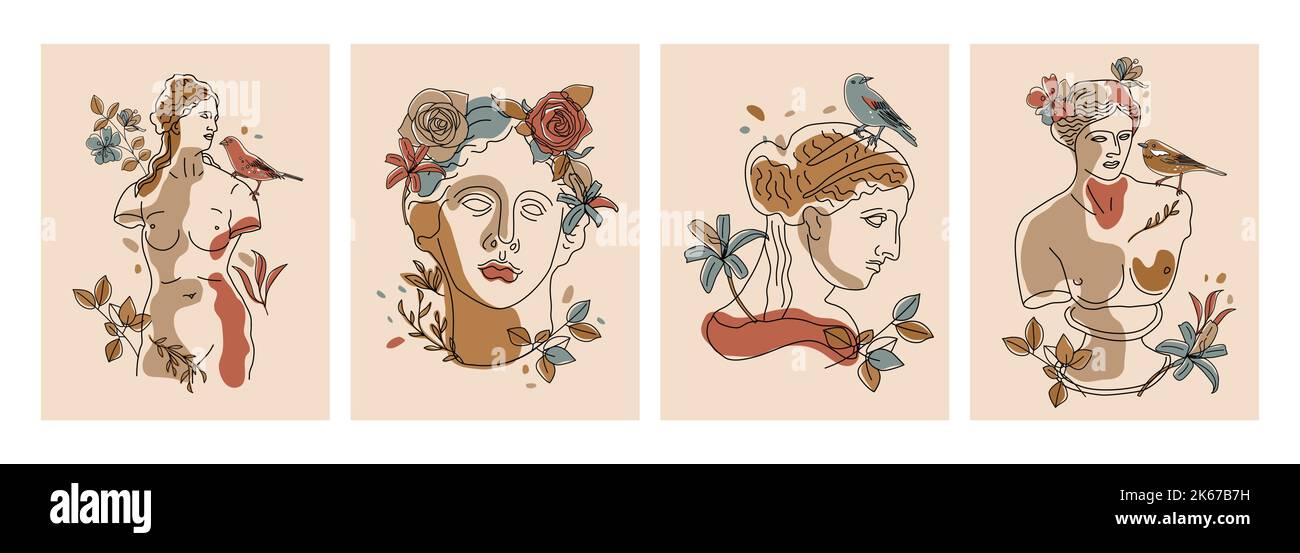 Art conceptuel moderne cartes colorées avec ancienne statue avec des fleurs isolées sur fond clair coloré. Collage d'art contemporain mode Illustration de Vecteur