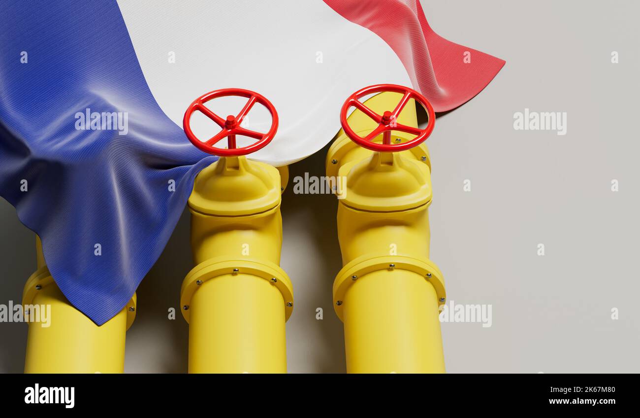Drapeau de France couvrant une conduite de carburant de pétrole et de gaz. Concept de l'industrie pétrolière. 3D rendu Banque D'Images