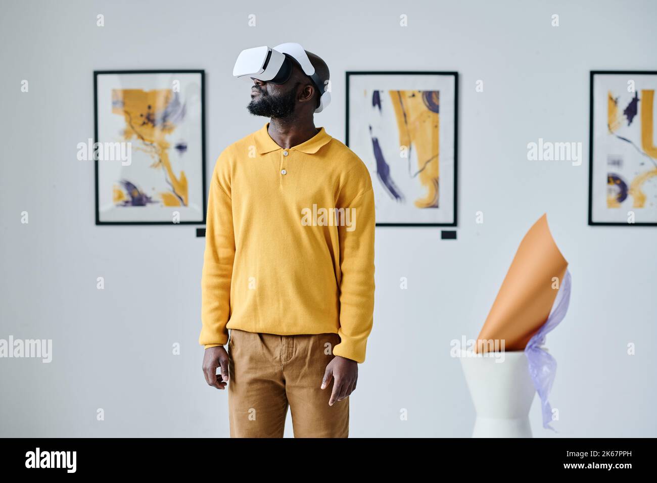 Jeune homme africain utilisant des lunettes VR lors d'une visite de la galerie d'art Banque D'Images