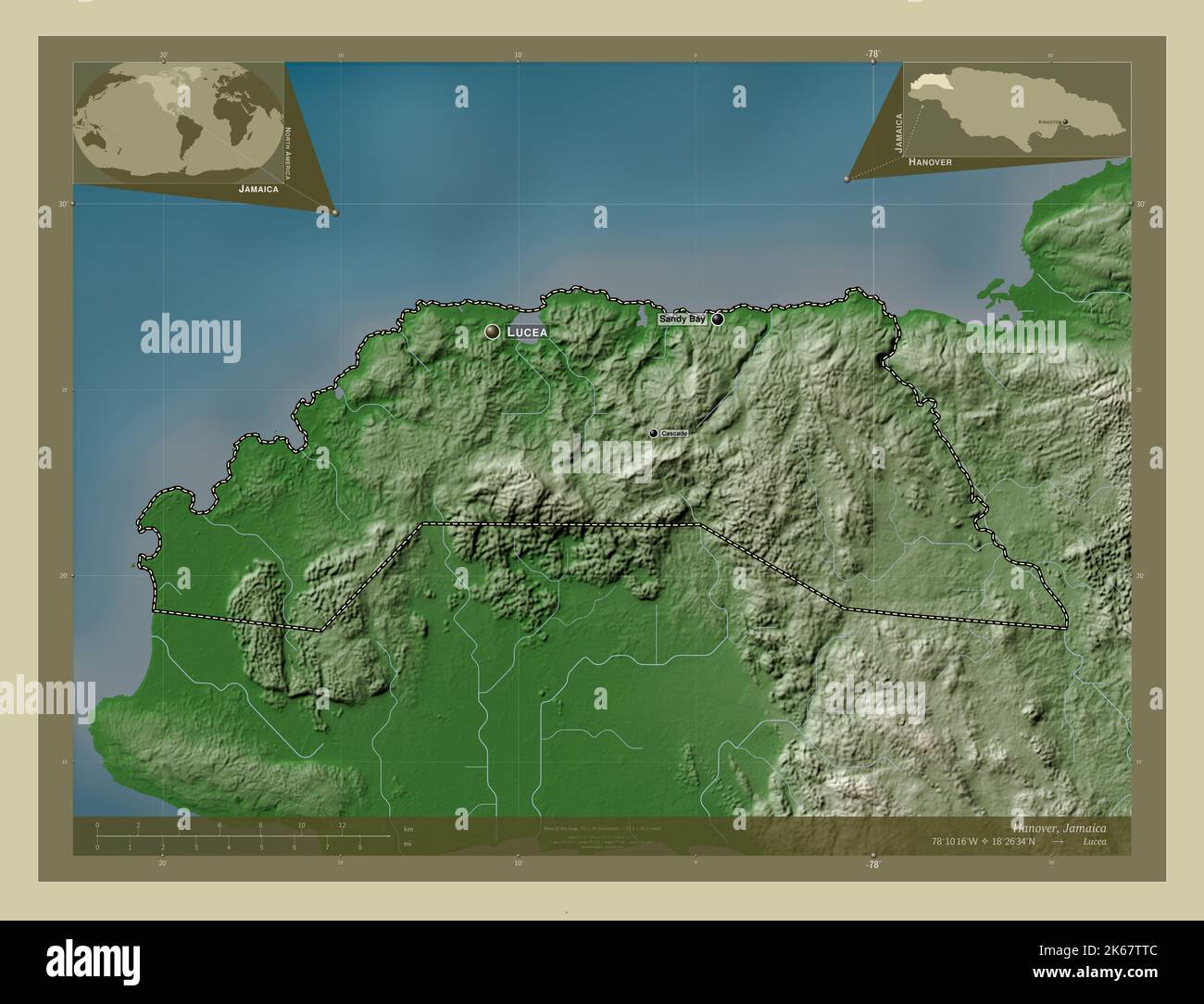 Hanovre, paroisse de la Jamaïque. Carte d'altitude colorée en style wiki avec lacs et rivières. Lieux et noms des principales villes de la région. Angle auxil Banque D'Images