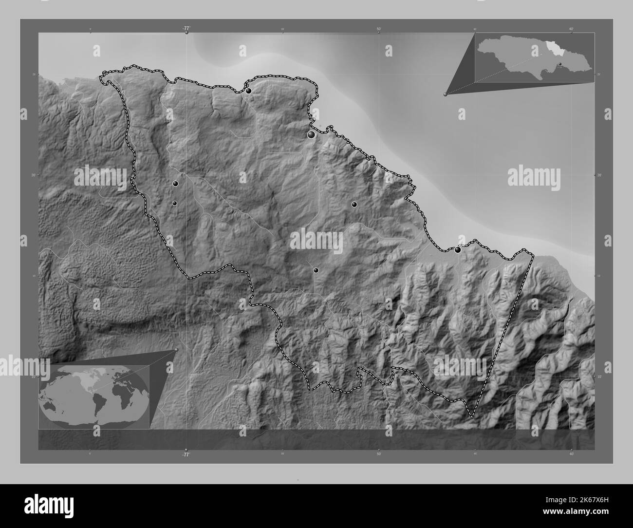 Sainte Marie, paroisse de la Jamaïque. Carte d'altitude en niveaux de gris avec lacs et rivières. Lieux des principales villes de la région. Cartes d'emplacement auxiliaire d'angle Banque D'Images