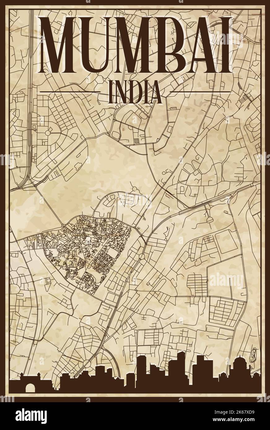 Carte du réseau des rues du centre-ville DE MUMBAI, EN INDE, imprimée à la main, d'époque brune, avec un horizon de 3D villes et des lettres marron Illustration de Vecteur