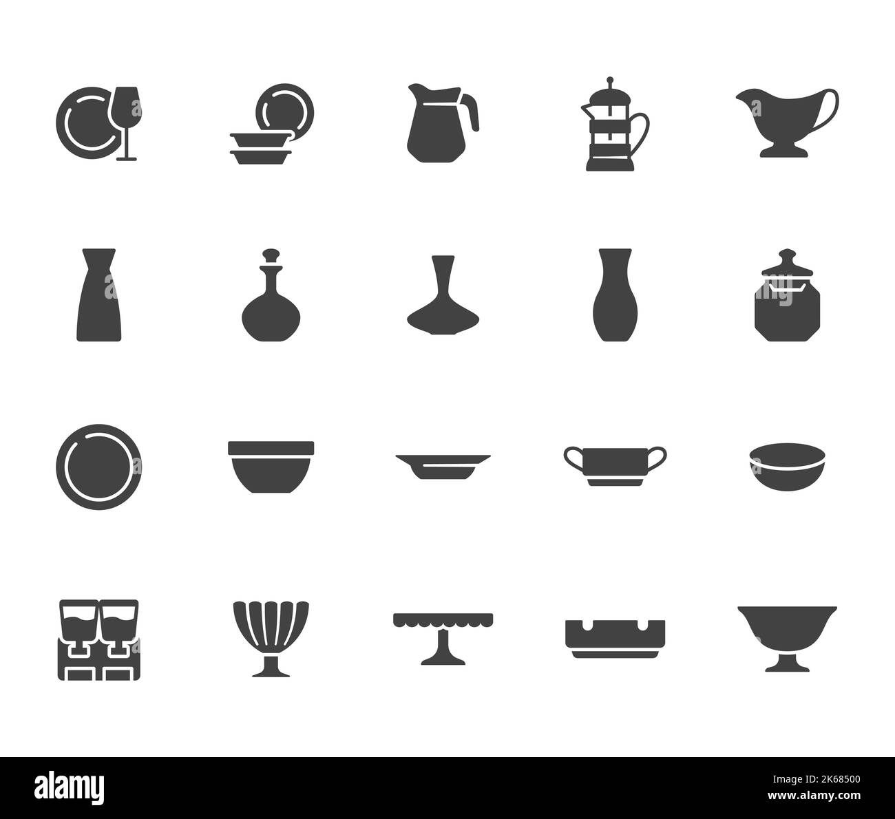 Ensemble de vaisselle en verre à icône plate. Vaisselle - assiette, carafe, plat, cendrier, saladier, décanter, illustration de vecteur minimal de wineglass. Glyphe simple Illustration de Vecteur