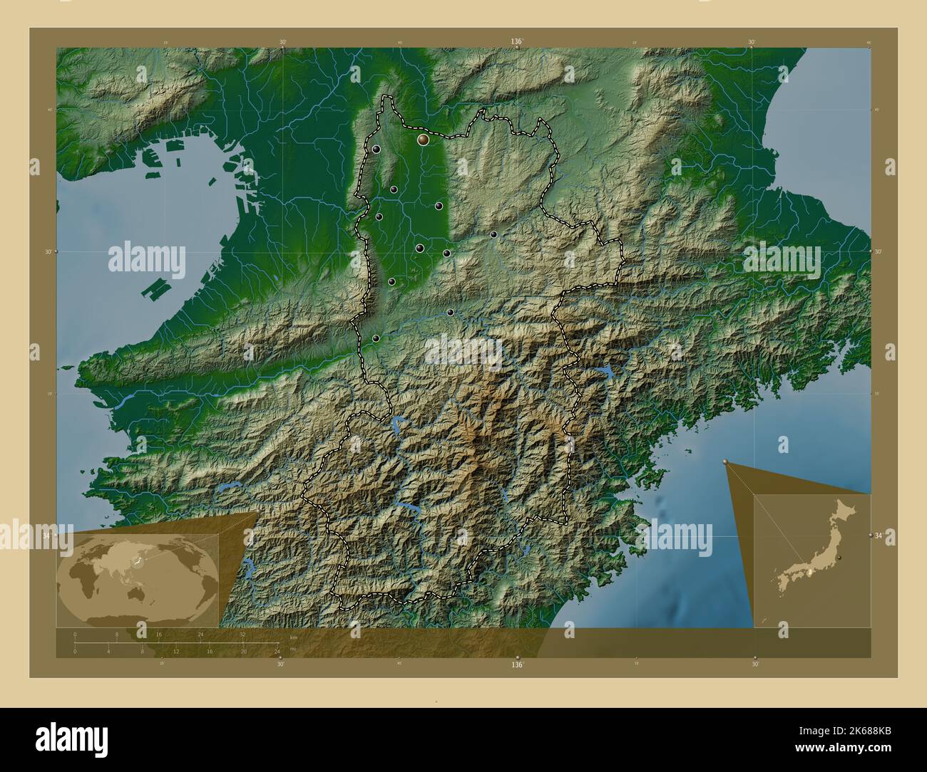 Nara, préfecture du Japon. Carte d'altitude en couleur avec lacs et rivières. Lieux des principales villes de la région. Cartes d'emplacement auxiliaire d'angle Banque D'Images