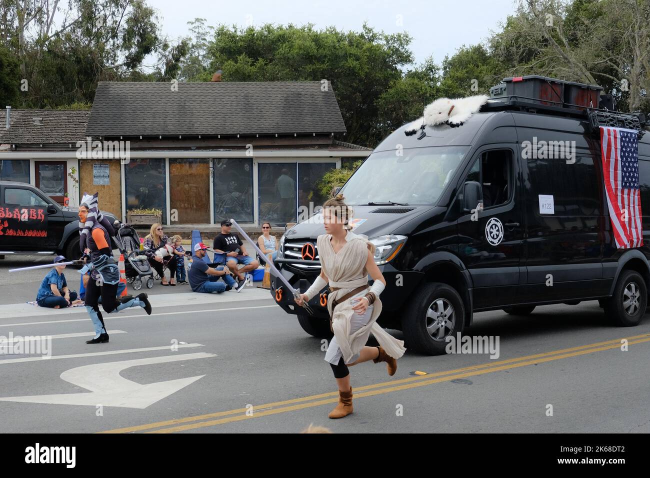 Des acteurs représentant des personnages de la guerre des étoiles lors d'une parade du jour de l'indépendance Banque D'Images