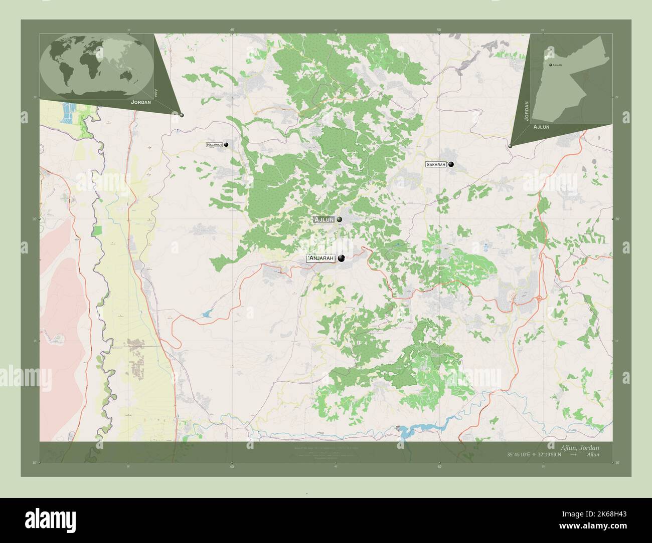 Ajlun, province de Jordanie. Ouvrez la carte des rues. Lieux et noms des principales villes de la région. Cartes d'emplacement auxiliaire d'angle Banque D'Images