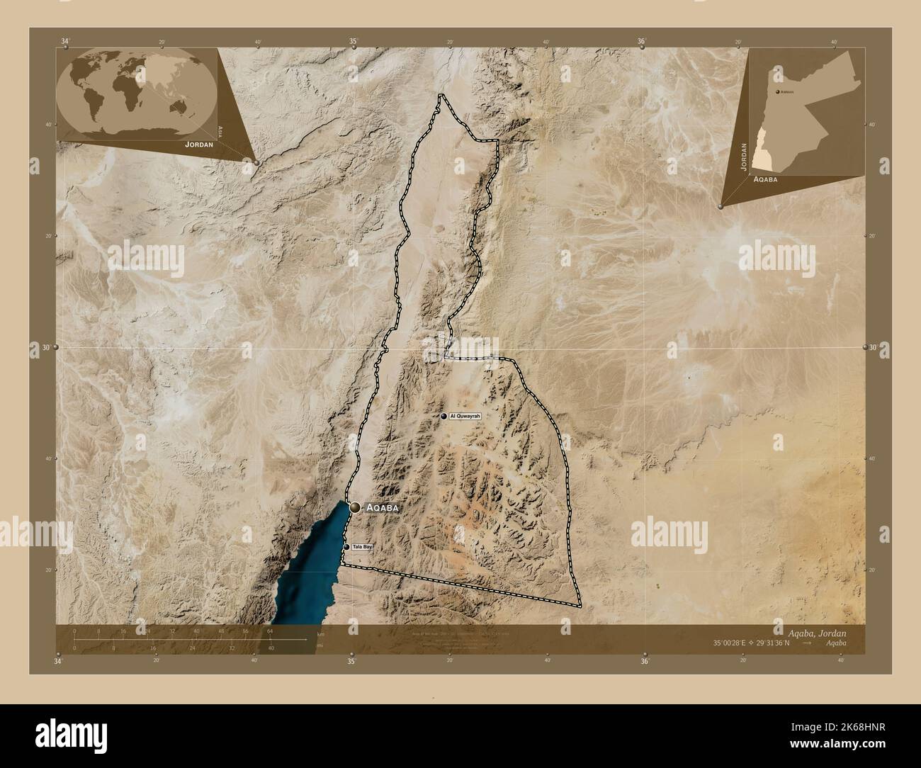 Aqaba, province de Jordanie. Carte satellite basse résolution. Lieux et noms des principales villes de la région. Cartes d'emplacement auxiliaire d'angle Banque D'Images