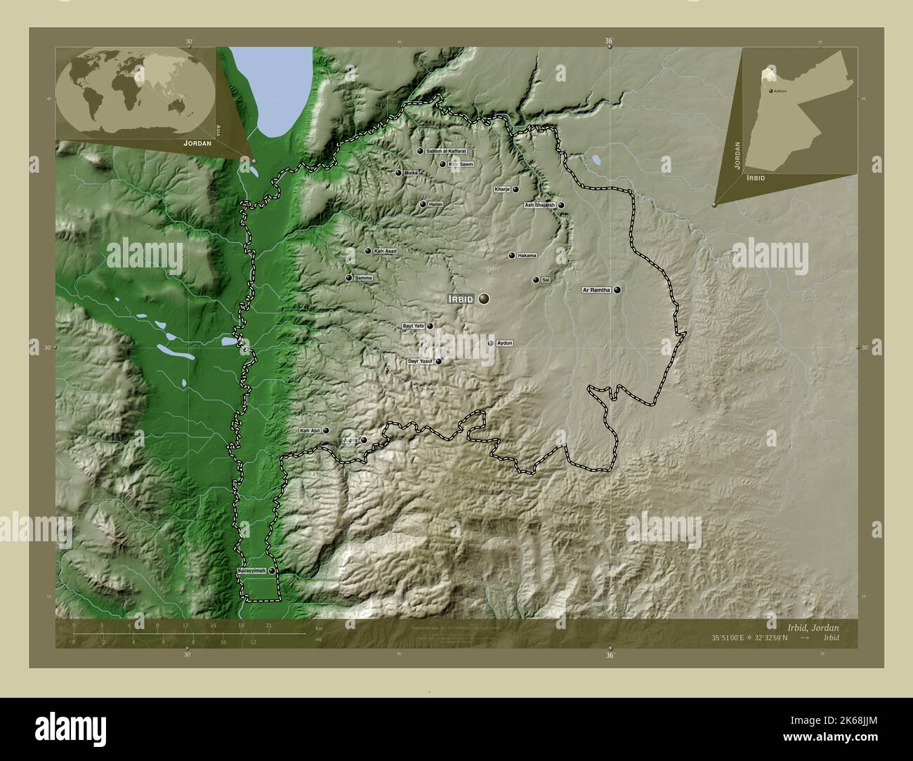 Irbid, province de Jordanie. Carte d'altitude colorée en style wiki avec lacs et rivières. Lieux et noms des principales villes de la région. Coin auxili Banque D'Images