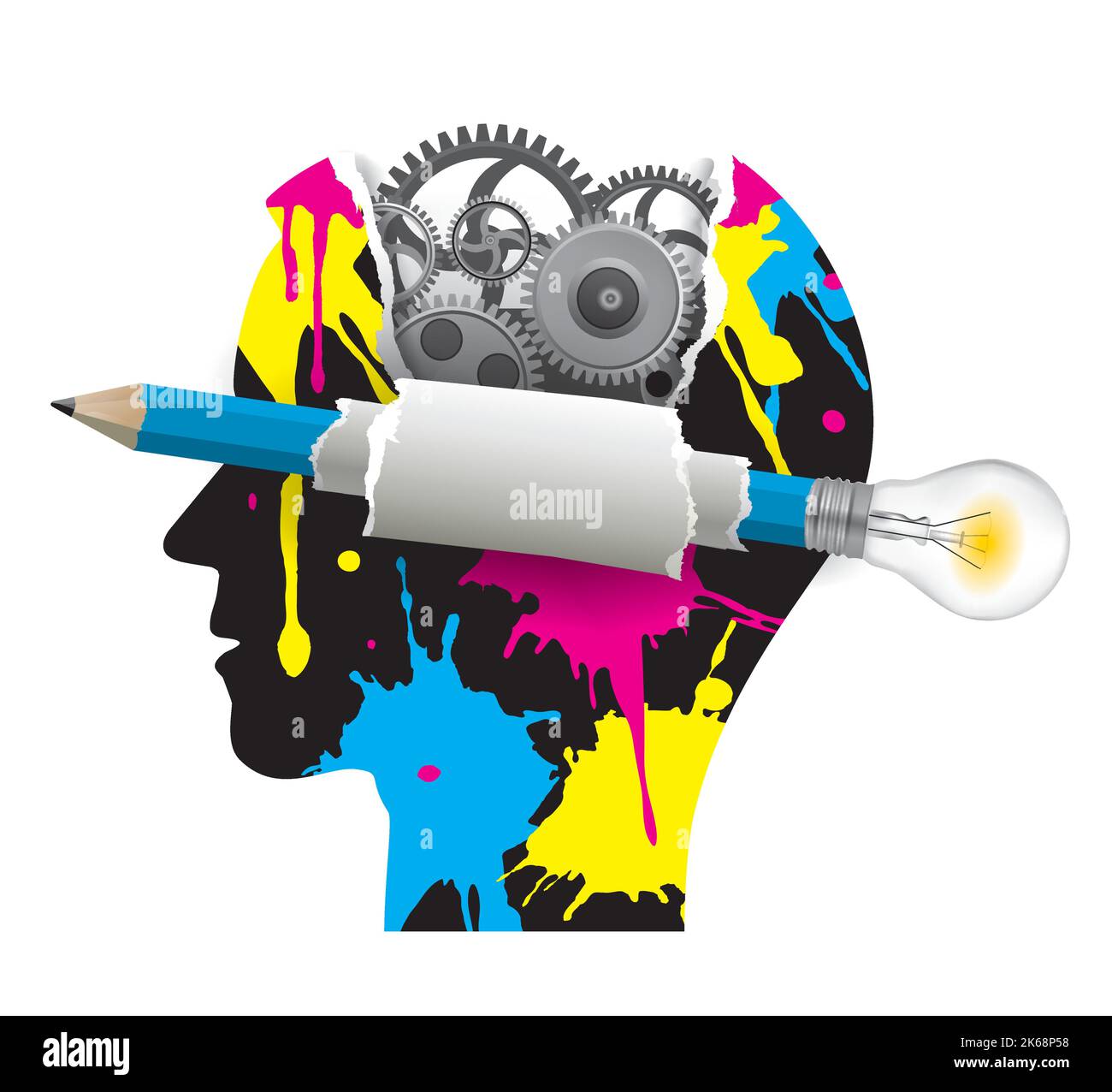 Solutions intelligentes, technologie d'impression, design graphique créatif. Silhouette stylisée de tête masculine avec engrenage et crayon avec bulbe et splatters de couleur cmjn. Illustration de Vecteur