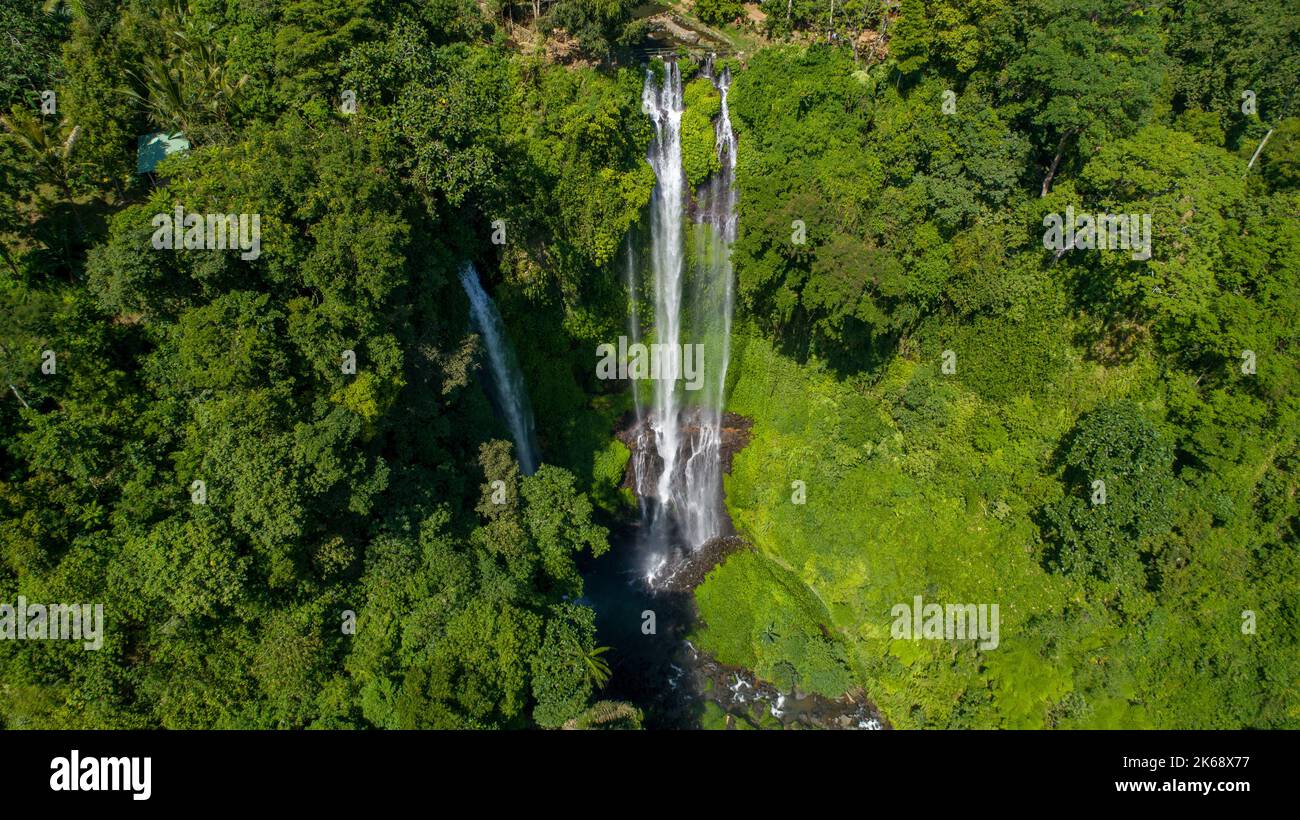 Cascade dans la forêt tropicale verte. Vue aérienne à couper le souffle de la triple cascade Sekumpul dans la jungle de montagne. Bali, Indonésie. Concept de voyage. Banque D'Images