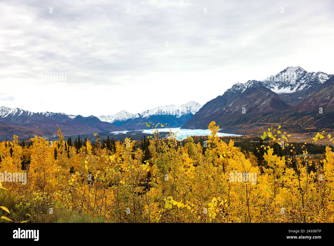 Glacier Matanuska, Alaska. Chaîne de montagnes avec toutes les couleurs d'automne et neige. Banque D'Images